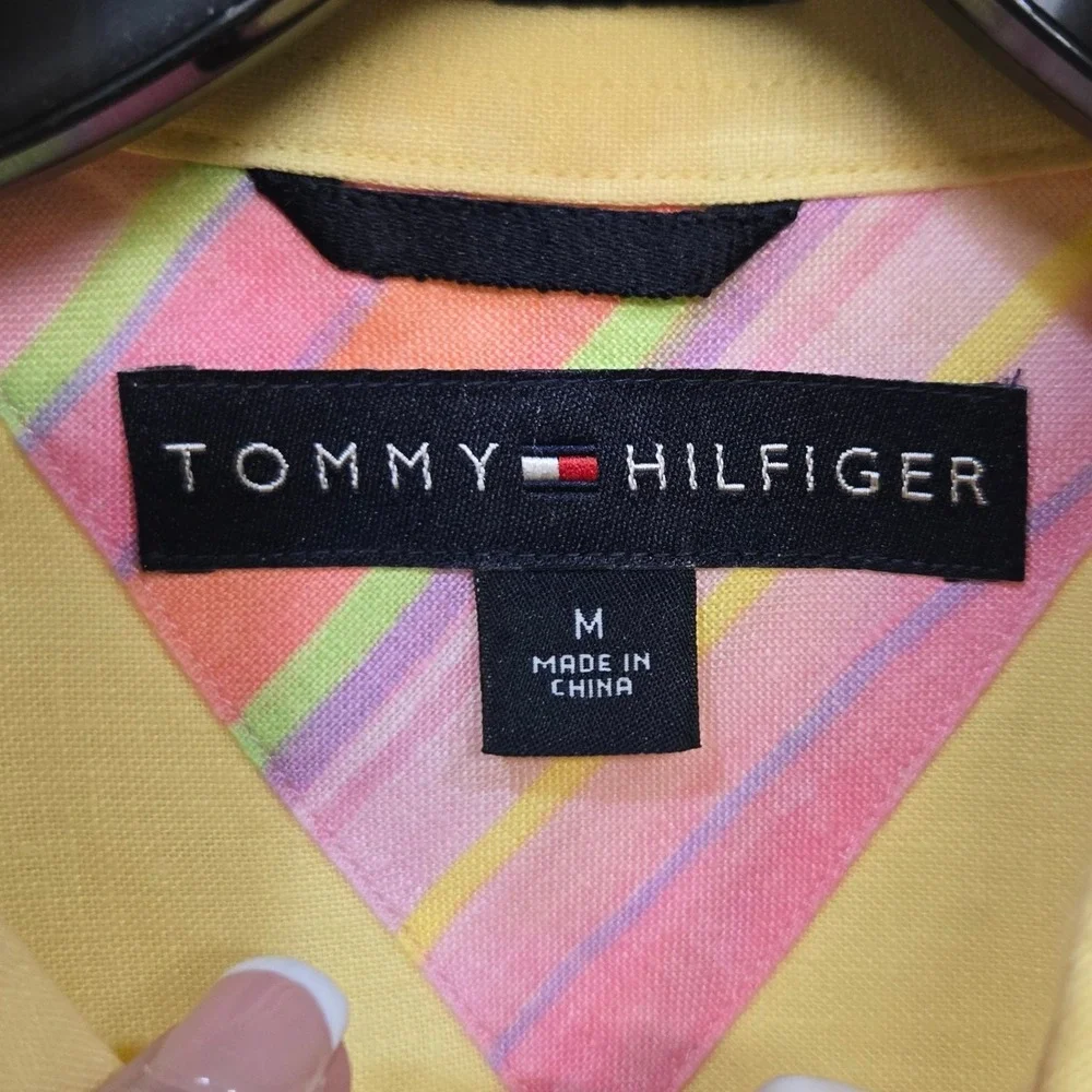 Vintage Y2K Tommy Hilfiger Button Down Shirt Medium Yellow Linen Contrast Cuff‎